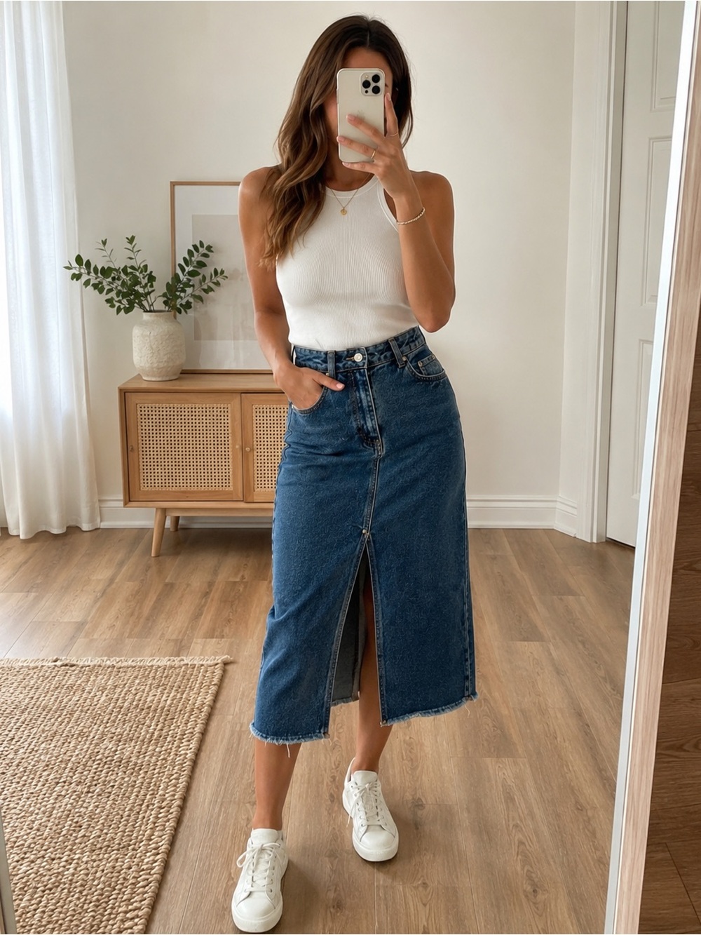 Zara Blue Denim Midi Skirt with Front Slit